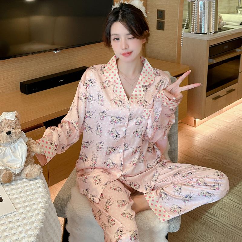 Spring Cartoon Cute Polka Dot Bear Pajamas Women'S Long-Sleeved Lapel Loose And Comfortable Loungewear