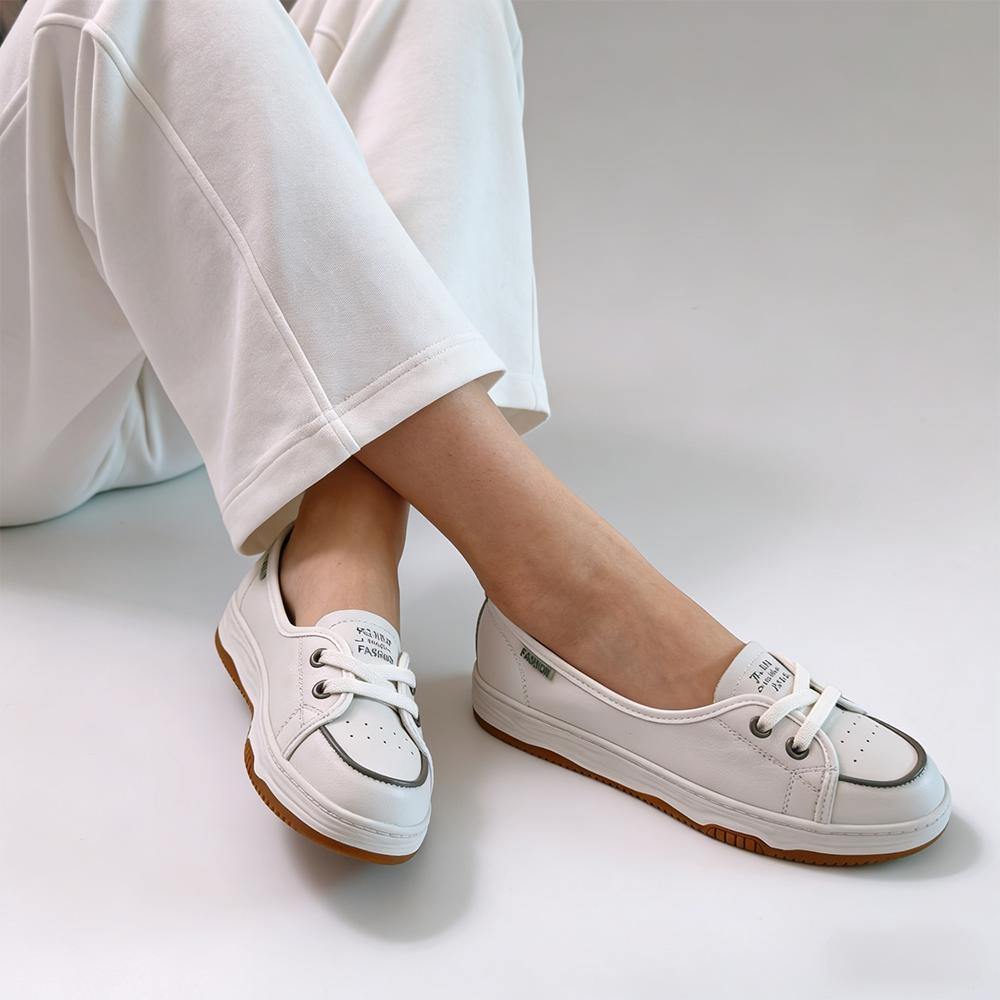 Women White Leather Casual Sneakers Slip-On Comfort Walking Shoes Fashion Loafers Flat Cowhide Lightweight Daily Wear