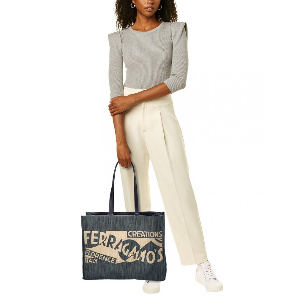 Salvatore Ferragamo Ferragamo Logo Large Denim   Leather Tote Blue