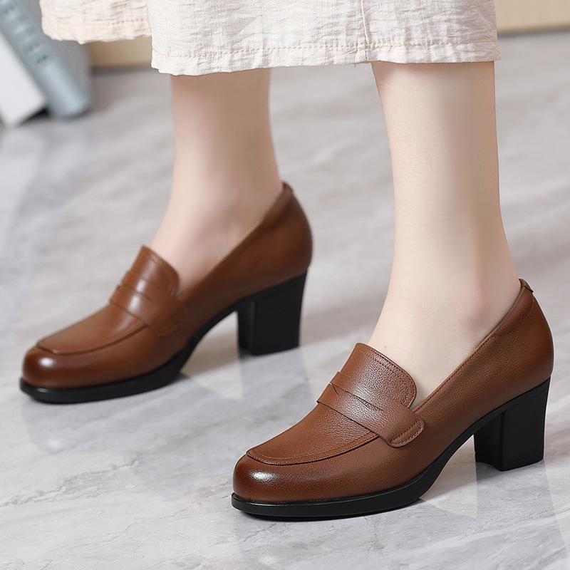 Genuine Leather Women Shoes Fashion Comfort Genuine Cow Leather Slip-On Loafers Women Deep Mouth Heels Shoes Lady Office Pumps