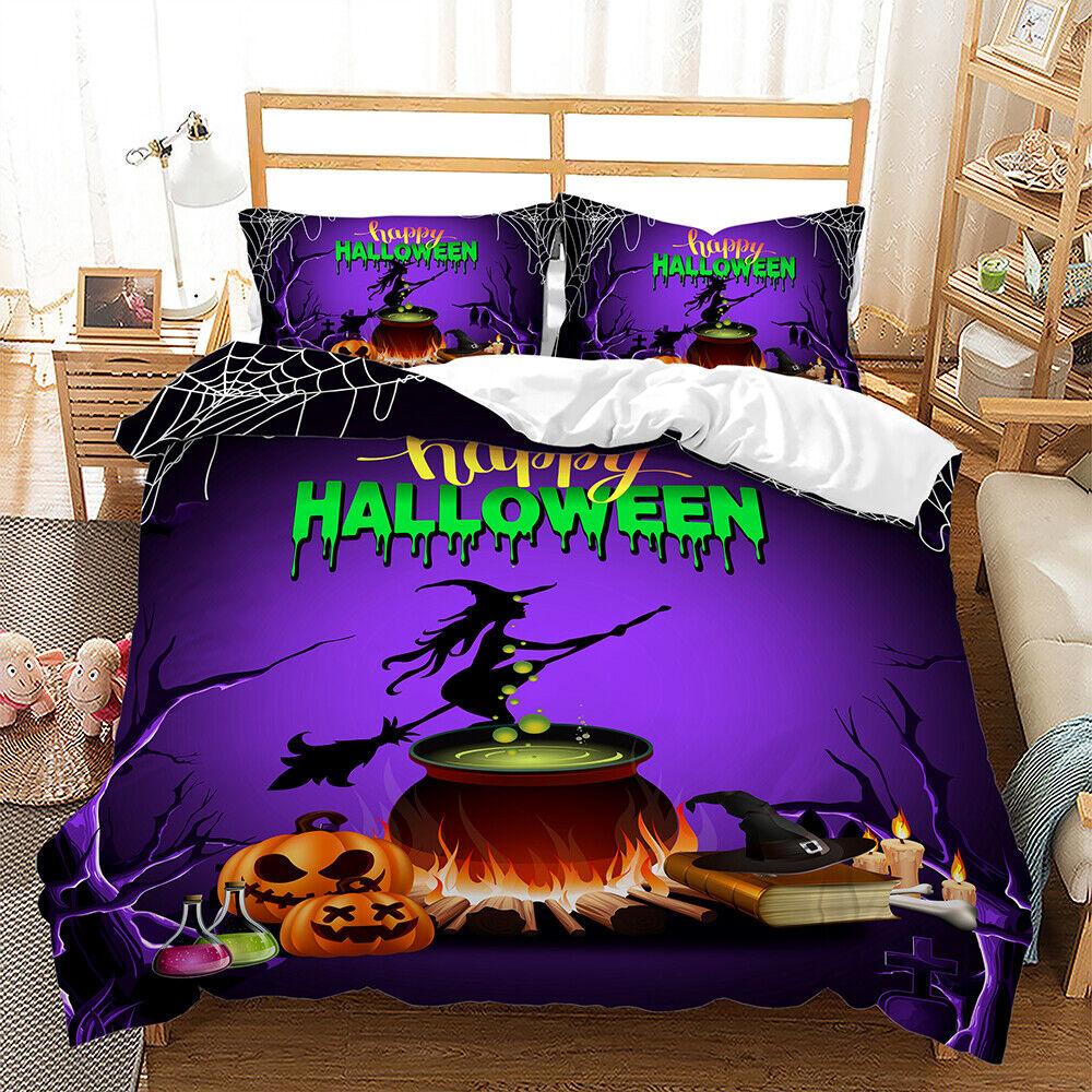 Pumpkin Lantern Halloween Ghost Witch Black Cat Doona Duvet Quilt Cover Bed Set
