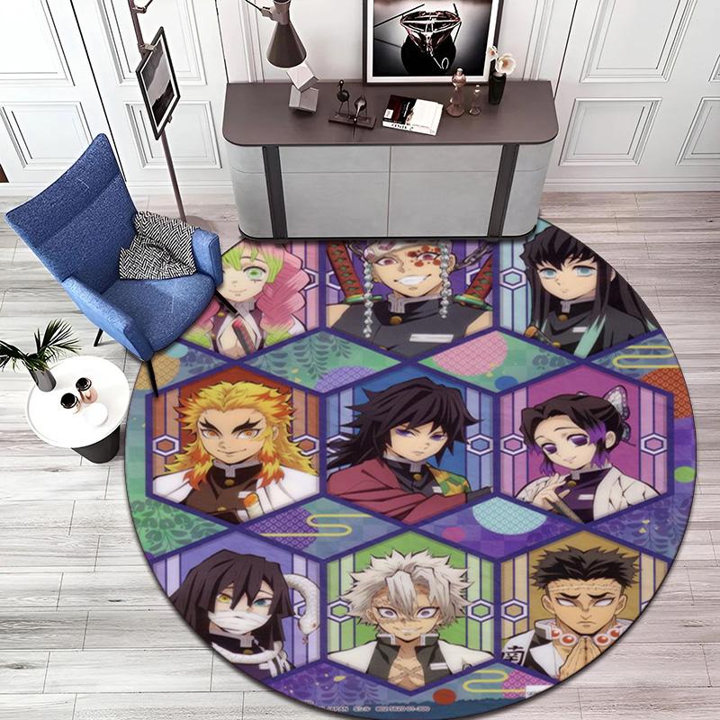 Classic Japanese-style Cartoon Demon Slayer Round Rug, Home Soft Decorative Anti-slip Yoga Mat and Chair Mat, Outdoor Floor Mat Carpet K23