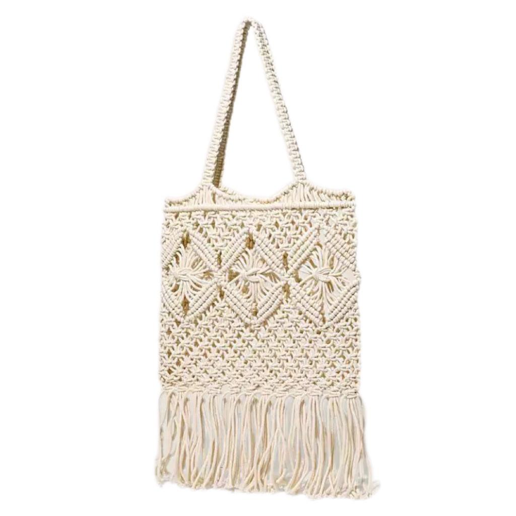 Bohemian Style Solid Color Large Capacity Women Casual Woven Bag With Tassels For Summer Beach Vacation Women