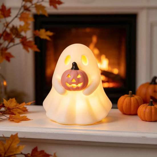 Farmhouse Halloween Decor Glowing Ghost Figurine, LED Light Up Ghost, Tabletop Pastoral Holiday Display for Tiered Tray Mantel Shelf And Indoor Autumn