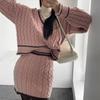 Fashion Retro V-neck Contrast Color Twist Pattern Sweater + High Waist Bag Hip Knitted Skirt Two-piece Women