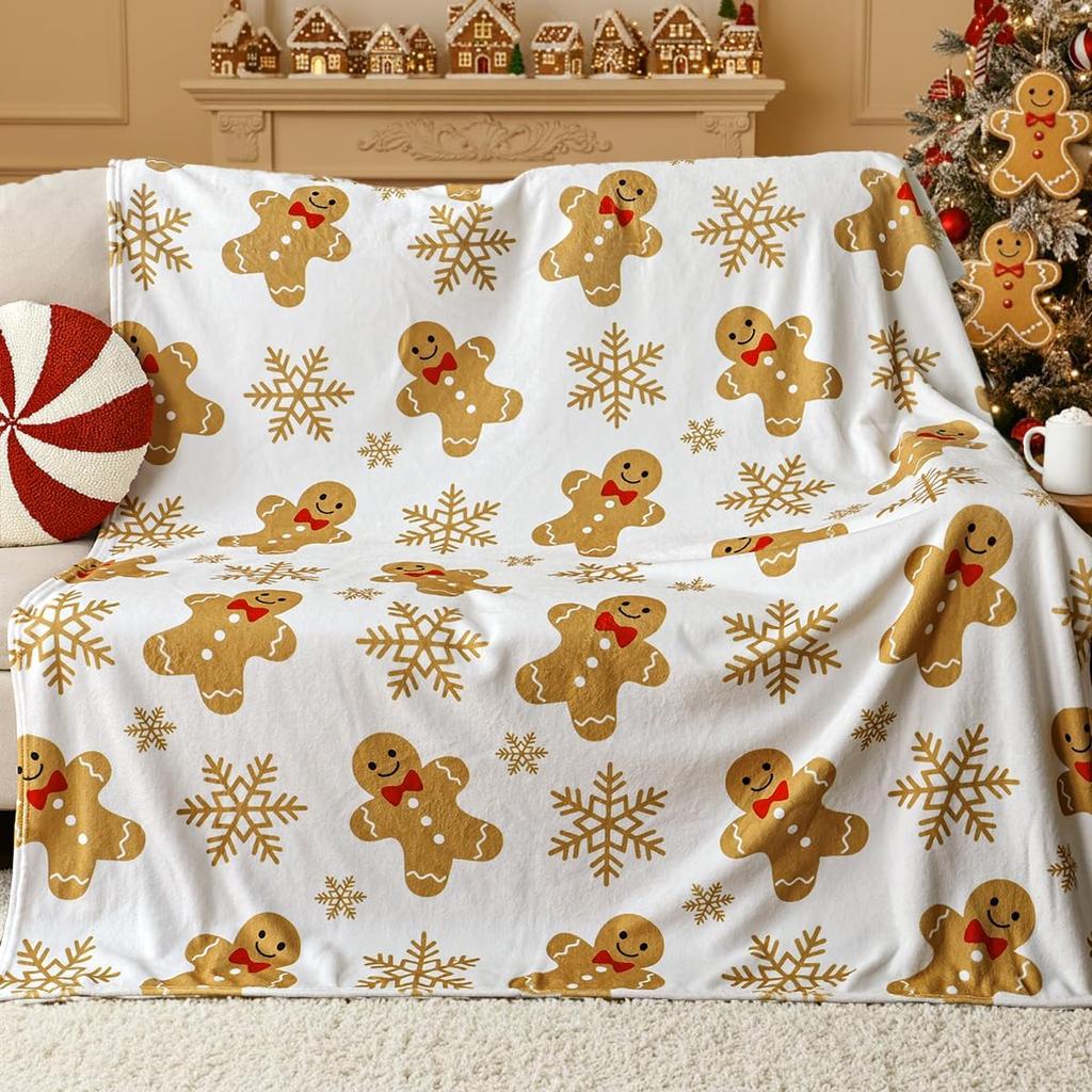 Christmas Gingerbread Throw Blanket: Ultra Soft White Flannel Plush Gingerbread Man Bed Blanket, Lightweight Cozy Christmas