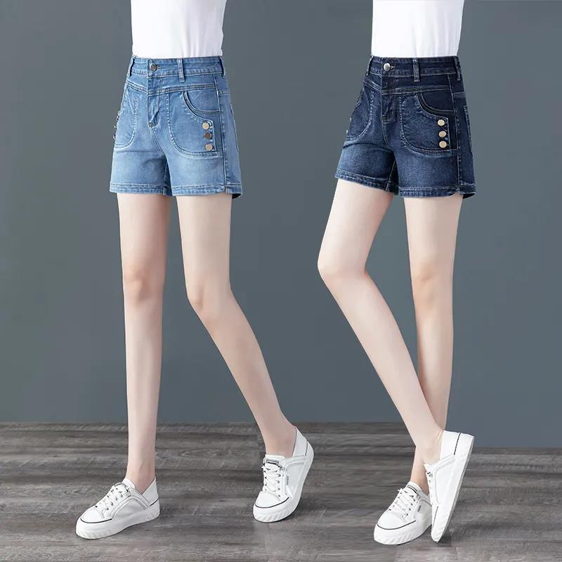 Fashion Denim Shorts Women's Summer Korean Embroidered Straight Leg Thin Elastic High Waist All-match Jeans Women