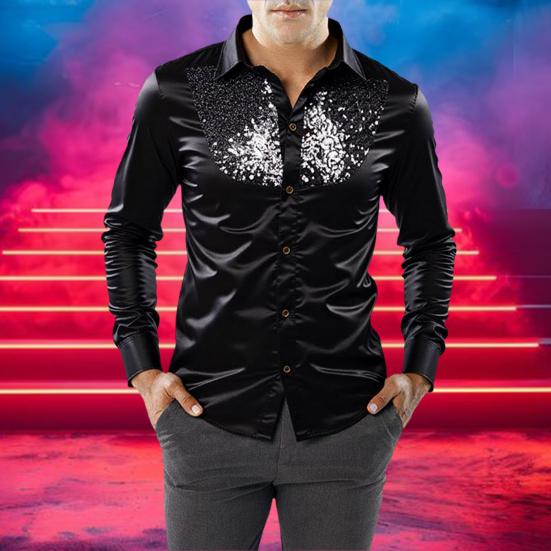 Herre Retro Blank Skjorte Krage Knappelukking Skjorte med Paljetter Vintage Formell Skjorte for Diskoteker Nattklubber Fester