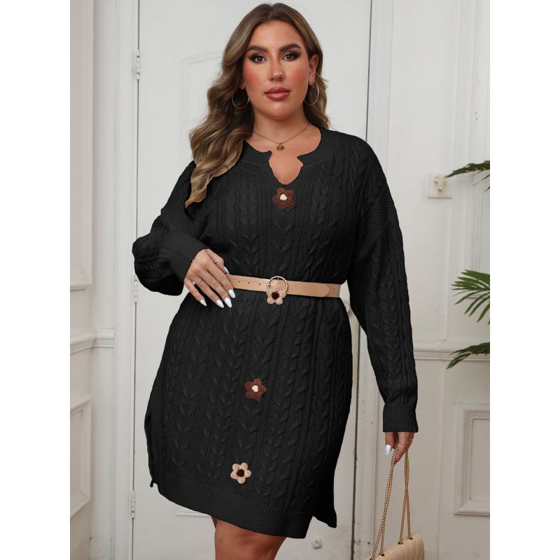 Plus Size Women's V-Neck Cable Knit Sweater Dress Hand Crochet Patchwork Autumn Winter Sweater Dress for Women