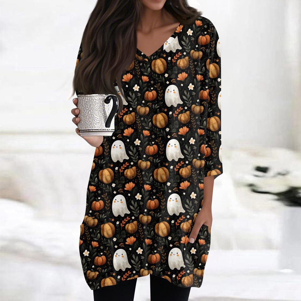 Womens's Fashion Casual Halloween Print V-neck Mid Length Pocket 3/4 Sleeve Top
