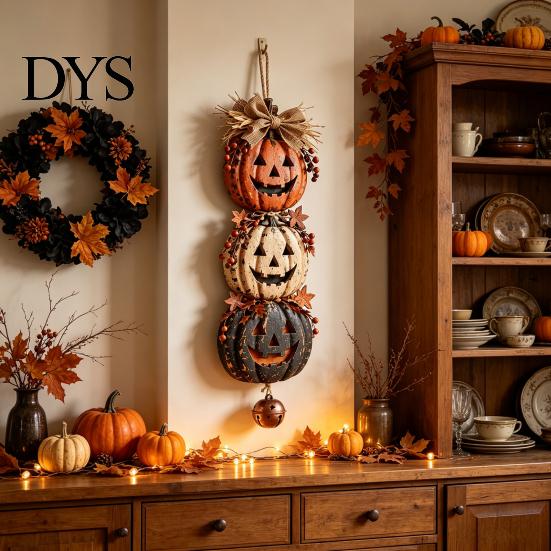 Thanksgiving Seasonal Embellishments Halloween Stacked Pumpkin Door Hanger, Vintage Jack‑O‑Lantern Wall Hanging Ornament, Autumn Harvest