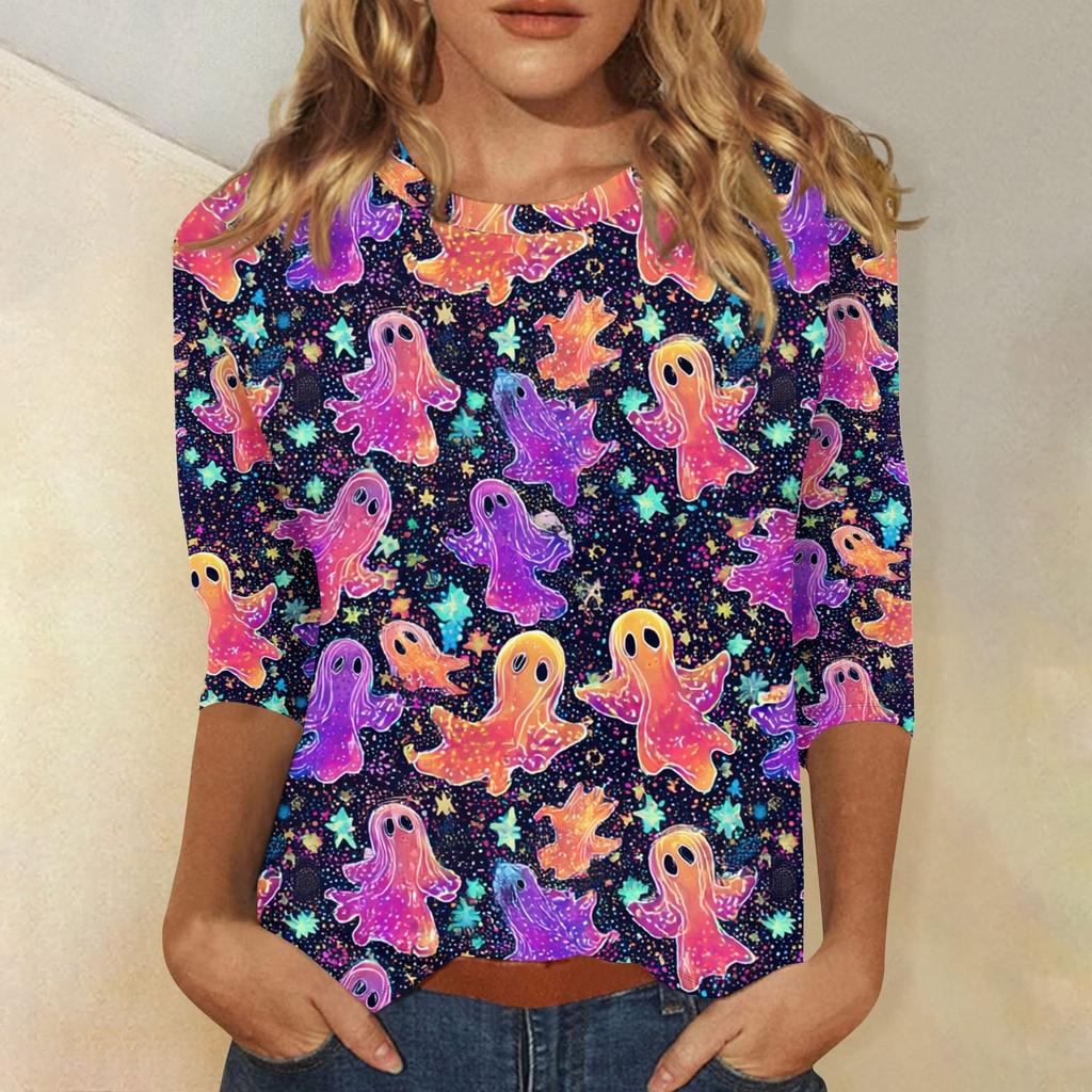 Women's Fashion Casual Round Neck 3/4 Sleeve Loose  Printed T-Shirt Ladies Top