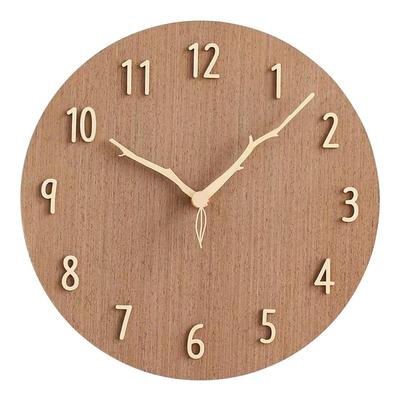 Wall Clock Wood Stylish Nordic Silent Round Frameless Cute 12 Inches (diameter 30cm) Natural Solid Panel 3D Three-dimensional Numbers Creative Wooden