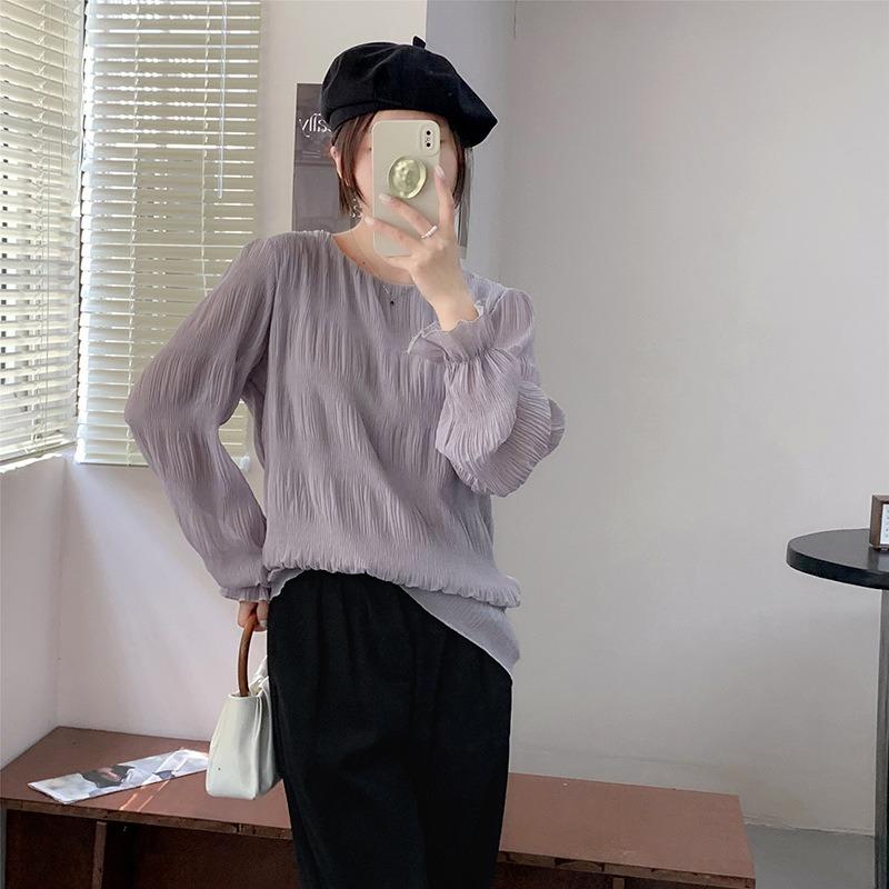 Camicia in Chiffon con Maniche Svasate Plissettate Blusa Donna Girocollo Tinta Unita Ampia Versatile Camicia a Maniche Lunghe Top