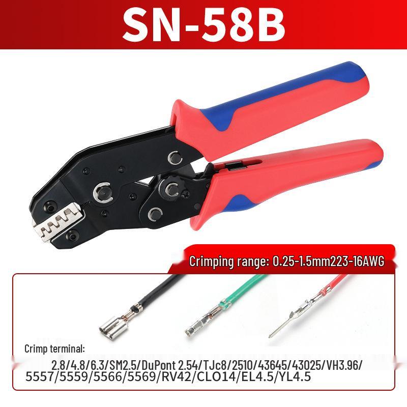 

Кліщі для обтискання з пружинним вкладишем та храповим механізмом SN-58B - Для холодного пресування та ізольованих клем, Багатощелепні кліщі для обтискання оголених клем.