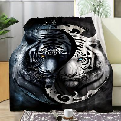 1pc Double-sided Tiger Flannel Throw Blanket for Sofa, Bed, Travel, Camping, Livingroom,Office, Couch, Chair, Warm Plush Blanket