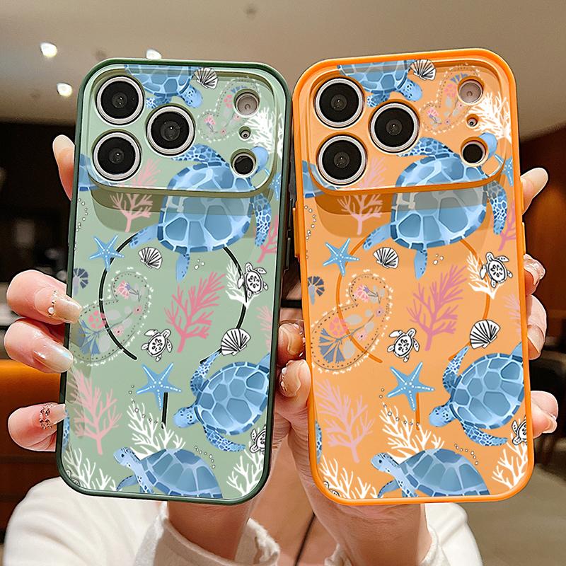 Coral Turtle Pattern Magnetic Phone Case For iPhone 17 Pro Max 16 15 14 13 Pro Max For Magsafe Wireless Charge TPU PC Back Cover