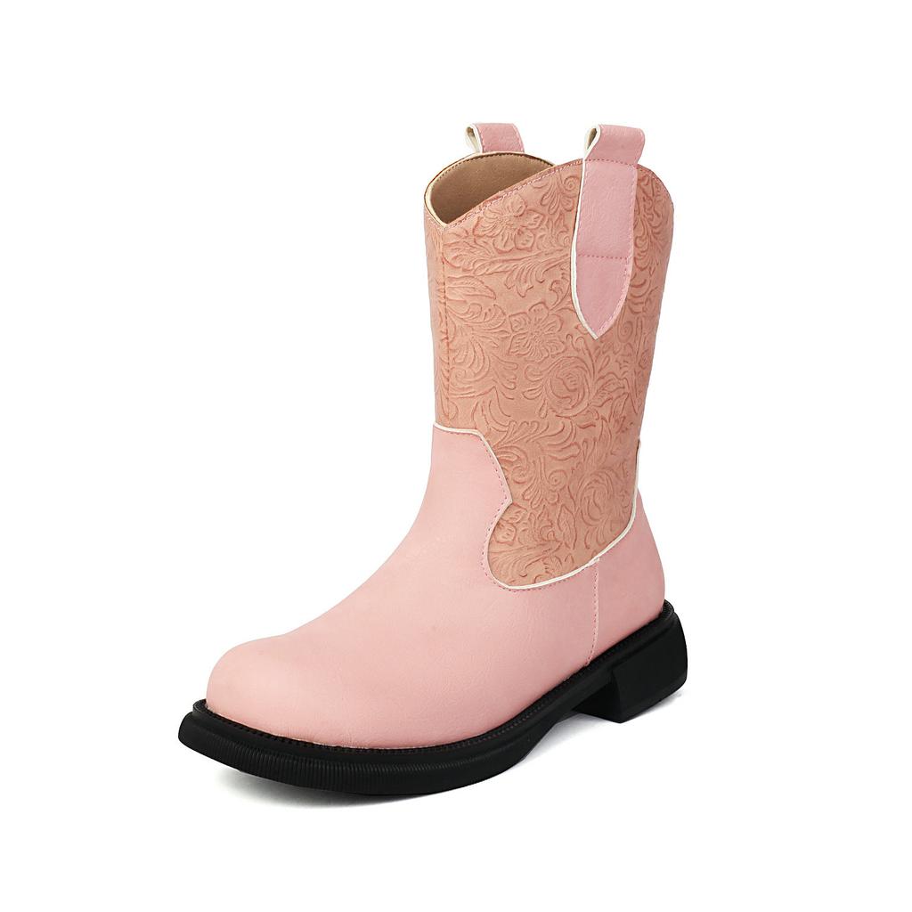 Comfy Western Boots Women's Ankle Boots Cowboy Low Heels Shoes Round Toe Patchwork Footwear