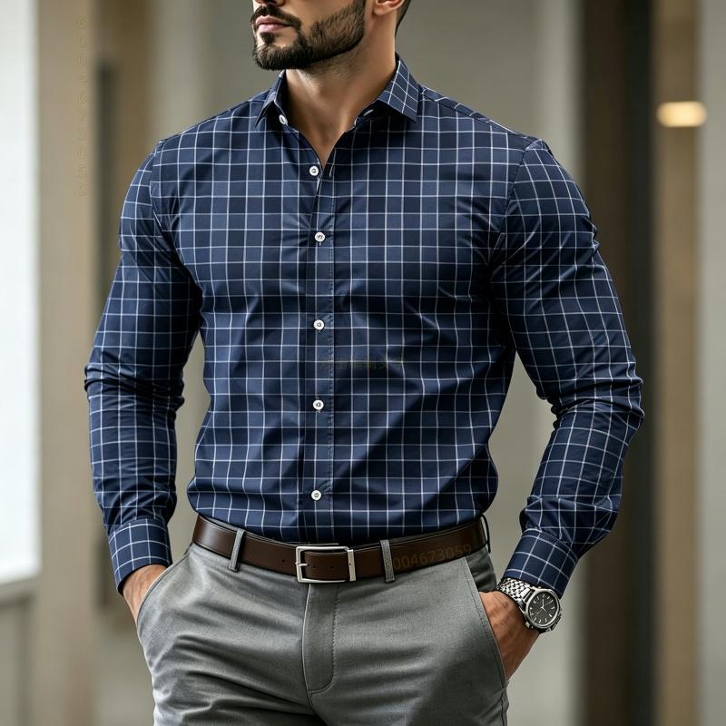 Wysokiej jakości męska koszula w kratę z długim rękawem o stylowym kroju, modna męska koszula w stylu business casual na wiosnę i jesień