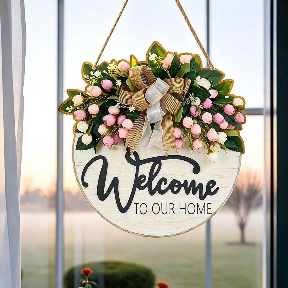 Durable 2D Flat Wooden Door Sign Floral Pattern Solid Wood Wooden Welcome Sign Bow Pattern Door Wreath Holiday Decorating