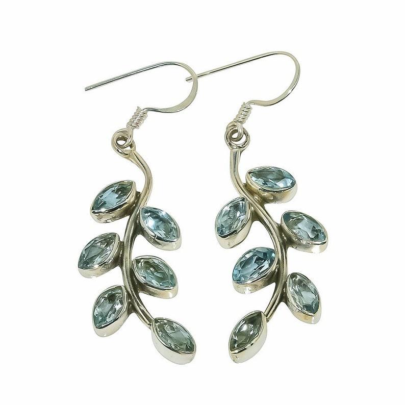 

Blue Topaz Gemstone Solid 925 Sterling Silver Leaf Designer Women Dangle Earring Jewelry
