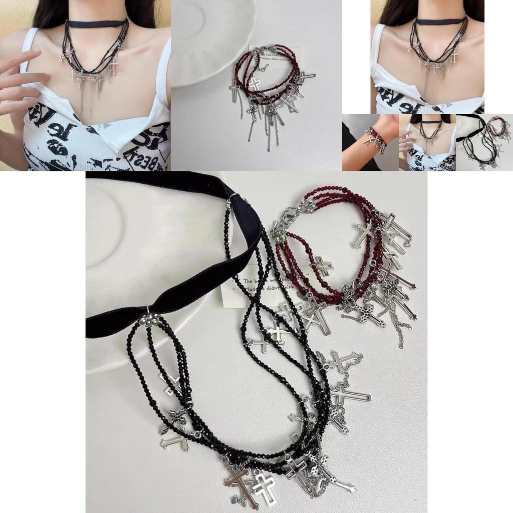 Gothic Cross Layered Necklace Trendy Tassel Choker For Summer Gift Alloy Plated