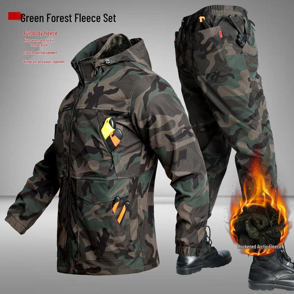 Men's Plus Velvet Arctic Fleece Ski Suit Set - Thickened, Windproof, Waterproof, Warm Cotton Workwear for Outdoor Cold Protection.
