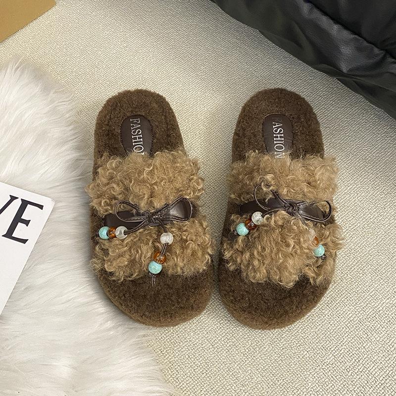 

Thick-bottomed bow beaded lamb wool slippers women s wear 2025 autumn and winter Korean version warm and non-slip cotton slippers tide 40 хаки