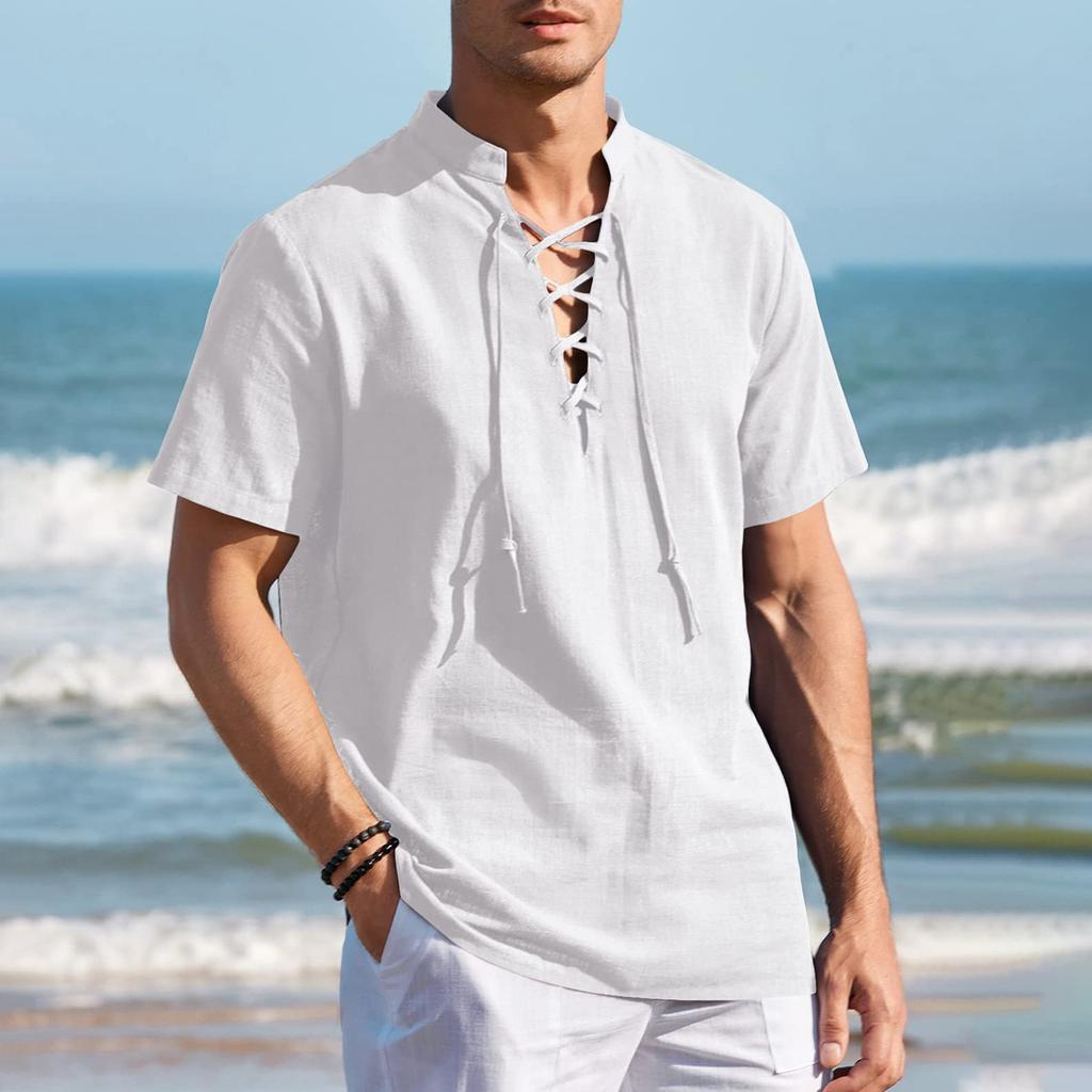 Mens Cotton Linen Shirts  Casual Beach Hippie Shirt Short Sleeve V Neck Yoga Tops