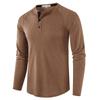European and American Style Men’s Solid Waffle Henley Shirt Long Sleeve T-shirt Buttoned Round Neck Top