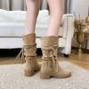 Thick-soled Boots Female Waste Retro Style Knight Boots Soft Leather Frosted Fringed Hemp Rope Thick Heel Western Cowboy Stacking Boots