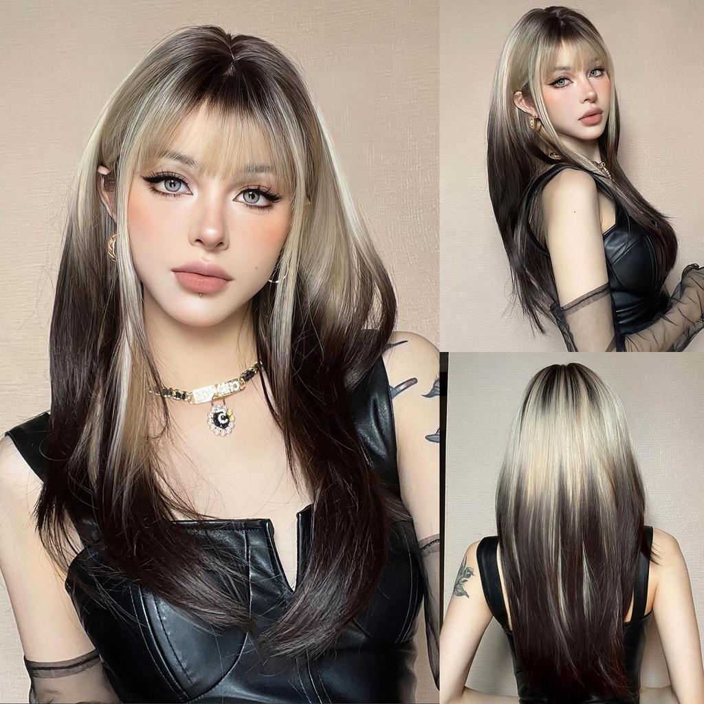 Platinum Ombre Synthetic Wigs for Women Long Wavy Silky Natural Hair Wig with Bangs Cosplay Party Heat Resistant Fake Hairs