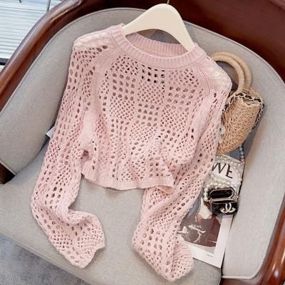 French Style Sun Protection Cover Long Sleeved Knitted Sweater Women's Korean Style Design Hollowed Out Knitted Sweater