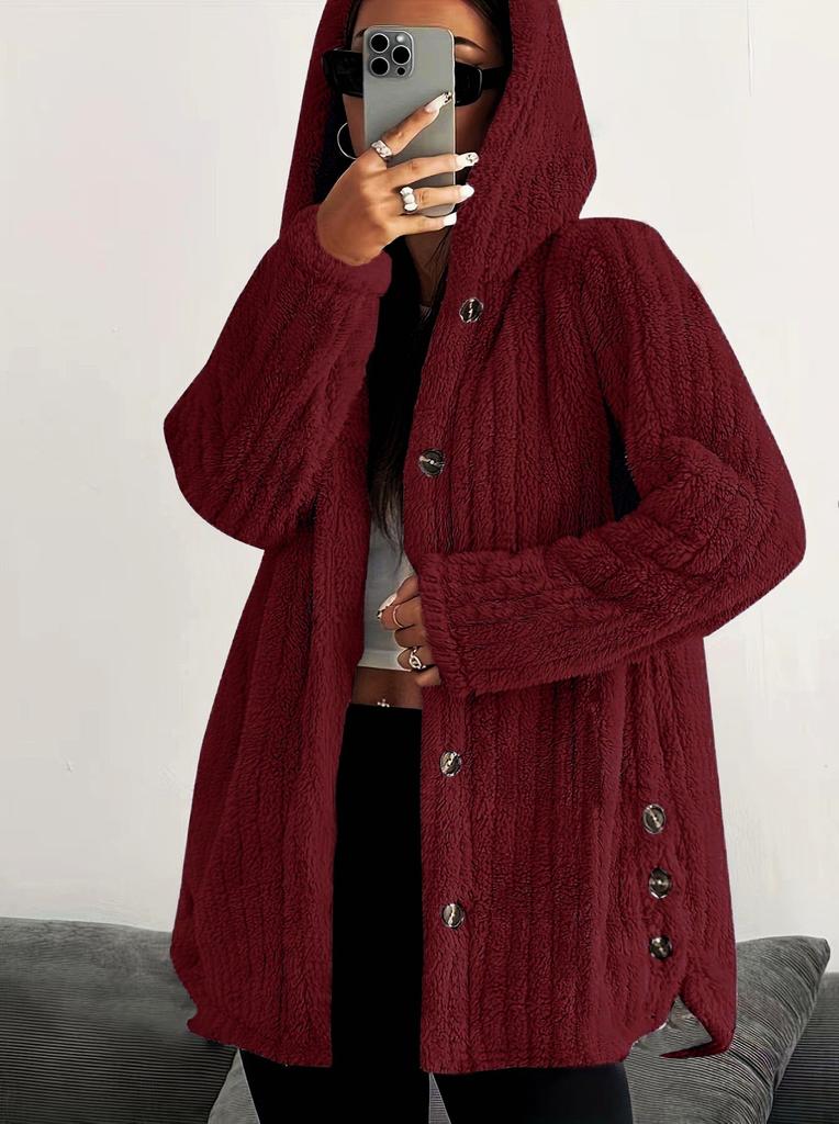 Women's Hooded Fleece Cardigan Jacket Loose Long Sleeve Button Front Casual Coat Winter Outerwear