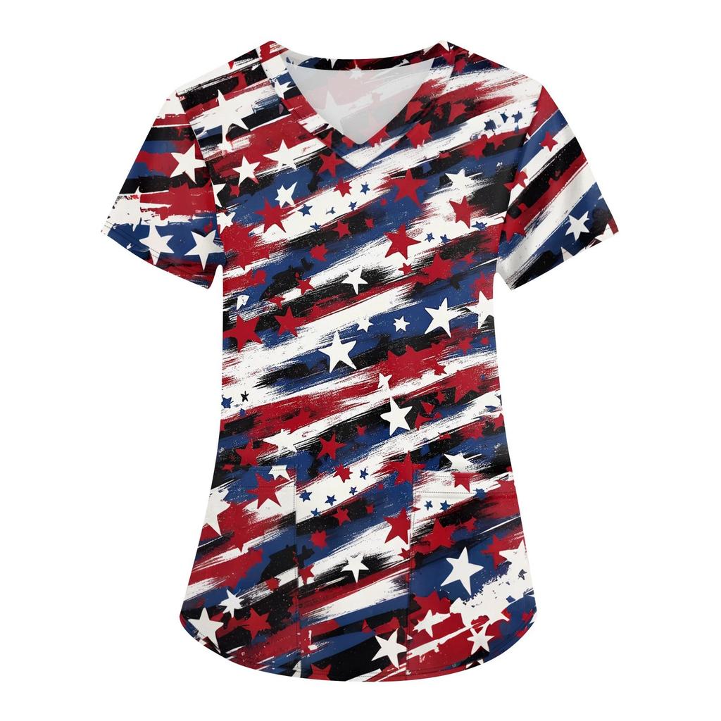 Women's Fashion V-neck Short Sleeve Workwear With Pockets Independence Day Printed Tops