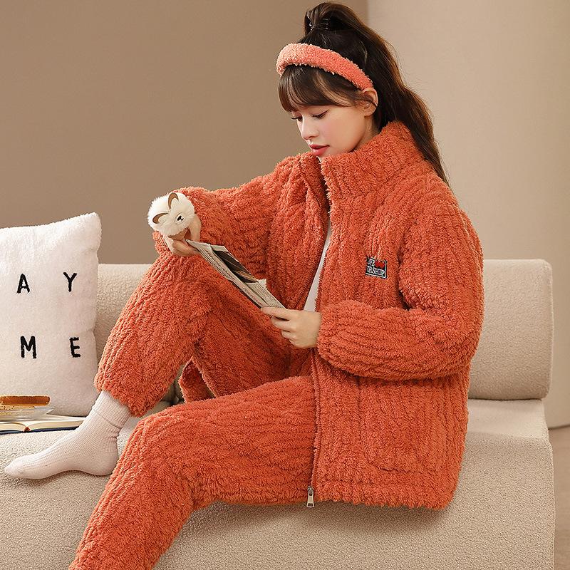 Thickened And Velvet Three-Layer Padded Pajamas Women'S Winter Coral Fleece New Large-Size Loungewear Simple And Casual
