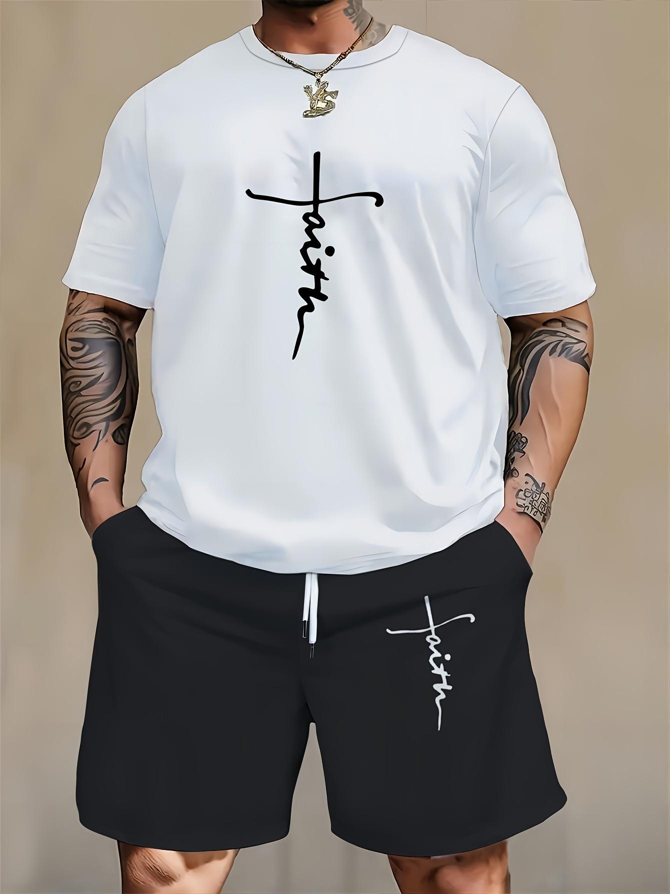 Plus Size Men s Summer Print Graphic Slogan Crew Neck Short Sleeve Casual T-Shirt and Shorts Set S