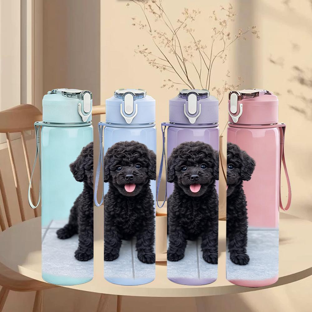 1PC Curly Black Poodle Puppy 750ml Color Plastic Water Bottle Leakproof Flip Straw Lid For Sports Office Home Use