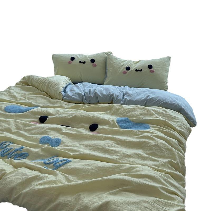 Super Soft Washed Cotton Towel Embroidered Cartoon Bedding FourPiece Set, Bed Sheet Quilt Cover, Student Dormitory ThreePiece Set