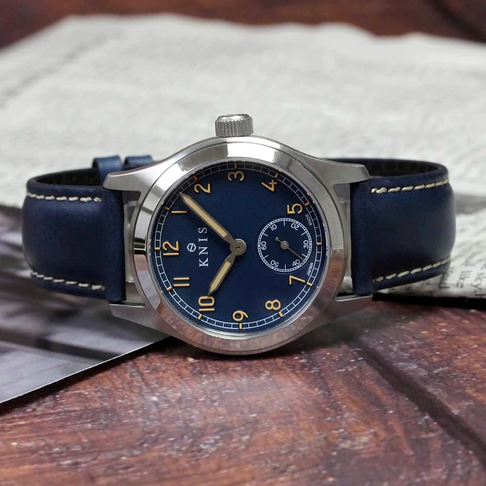 KNIS Retro Militäruhr für Saphir 10 ATM Wasser Blau Marine Leder (Nis) Herren, Glas, Widerstandsfähig, Zifferblatt, Armband, Hergestellt in Japan, KN003-BLNVLE