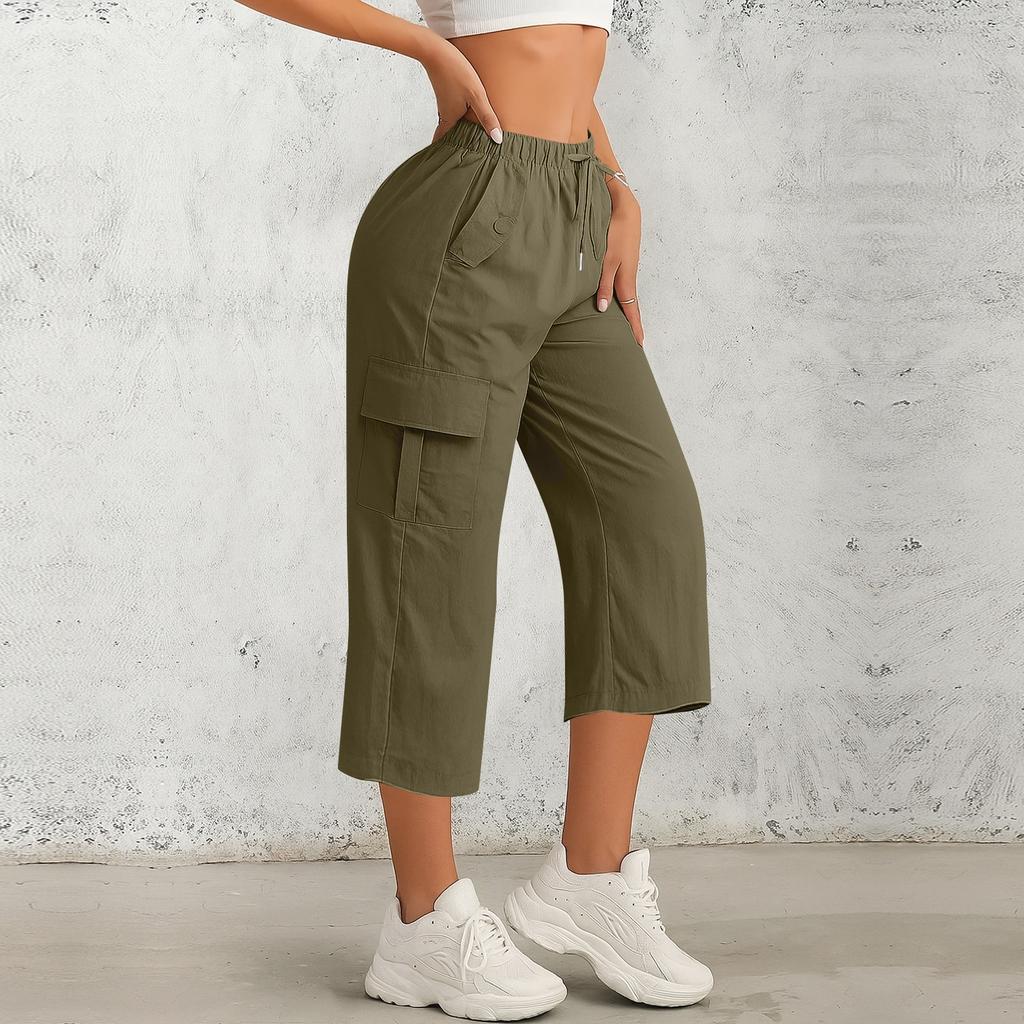 Women's Fashionable Drawstring With Flip Pocket Solid Color Captcha Pants Work Pants