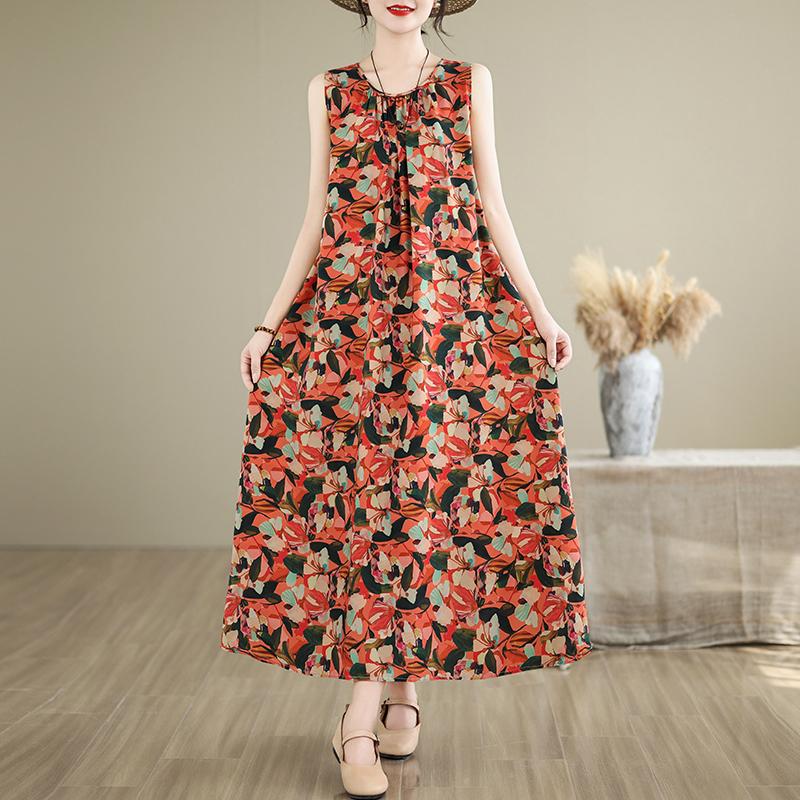 Elegant Women's Summer Dress Loose Sleeveless Plus Size Casual Long Dresses Vintage Clothes