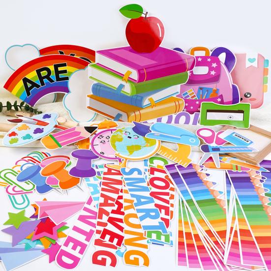 88Pcs/Set Back To School Bulletin Board Decoration Rainbow Book Pencil Notebook Letter Wall Sticker Welcome Party Blackboard Background Decor