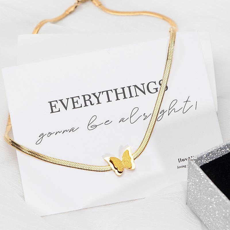 Stainless Steel Fashion Flat Snake Bkade Chain Butterfly Tassel Pendant Necklace For Women Jewelry Accessories