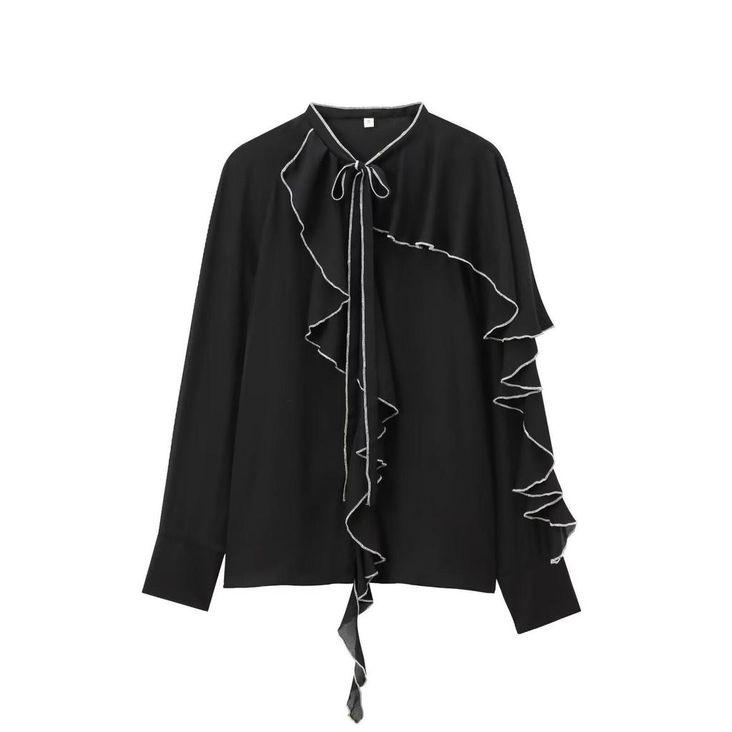 European and American Women's Autumn 2024 Layered Lace-Up Color Block Shirt