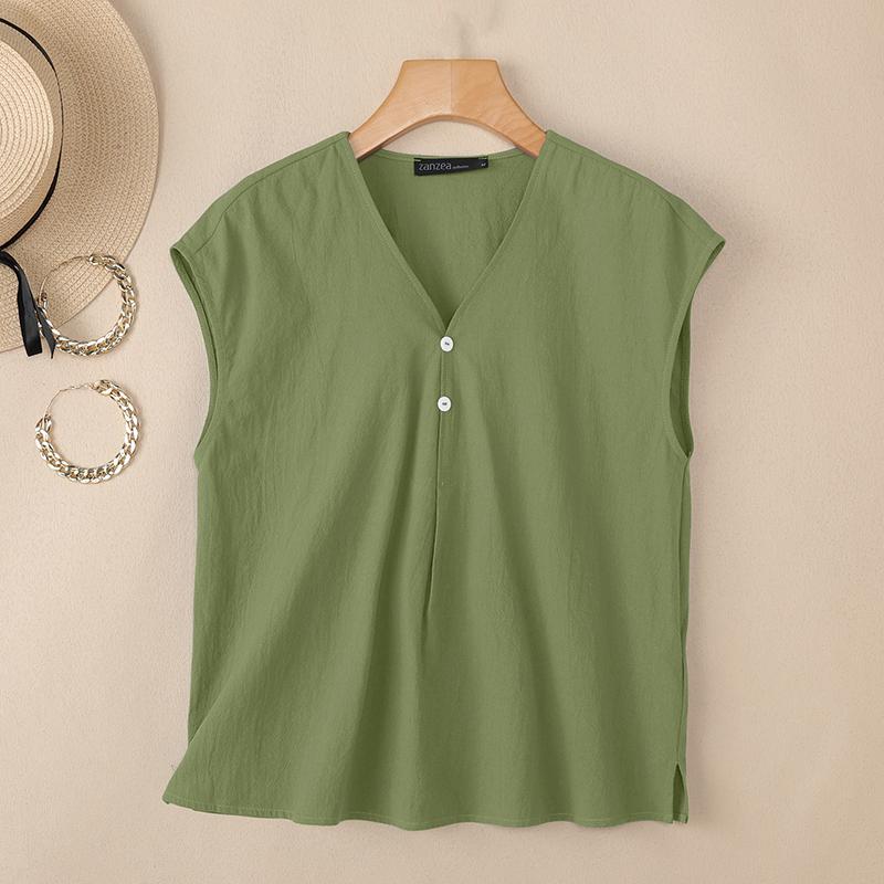 ZANZEA Women Casual V-Neck Solid Color Sleeveless Cotton Tank Tops