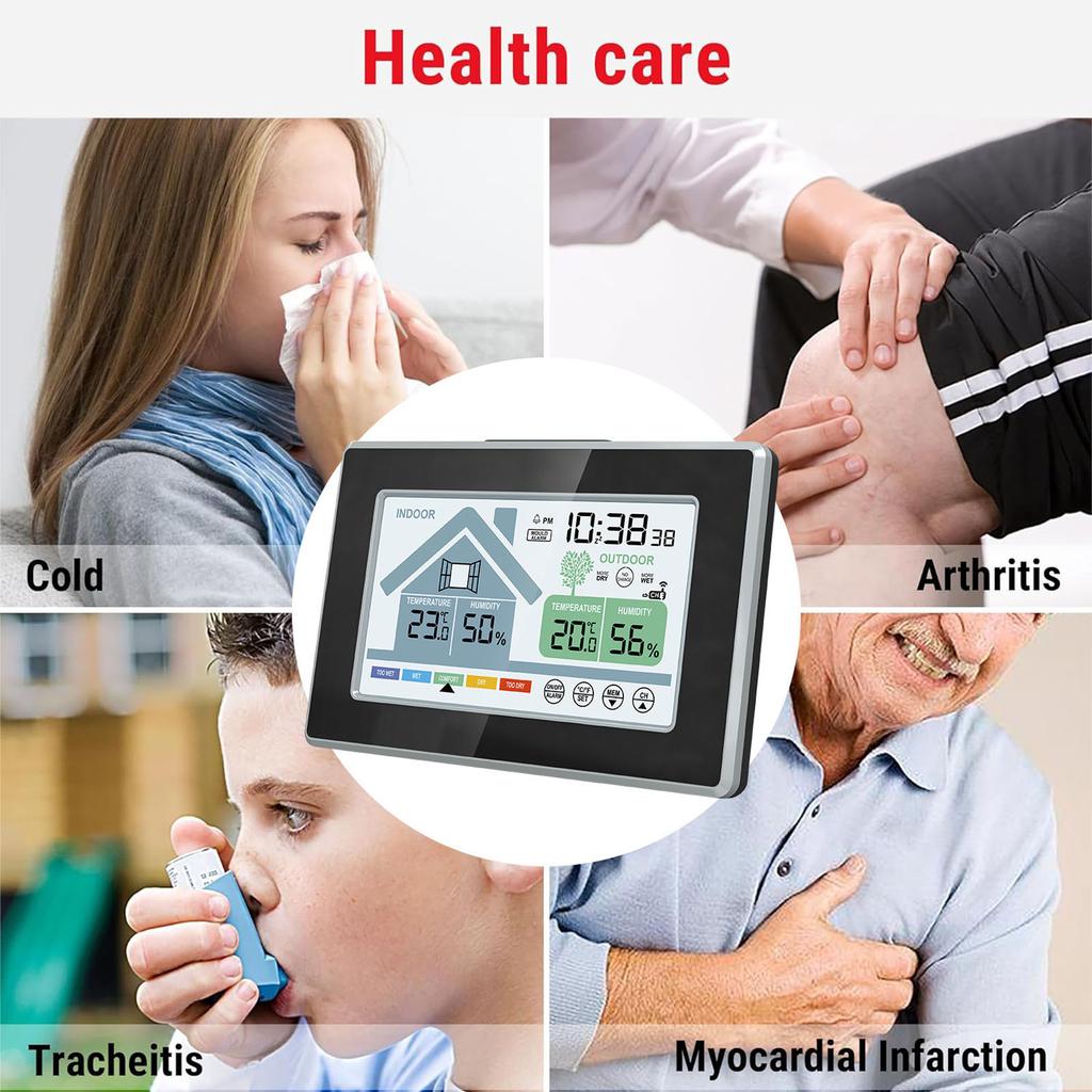 Touchscreen Electronic Weather Alarm Clock, Indoor & Outdoor Temperature Humidity Meter, Multi-Function