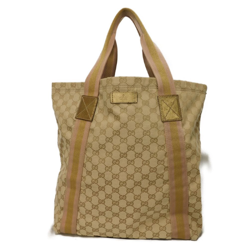 Used GG Canvas Tote Bag, Size 9539, 189669, 7924, A4 Cotton Calfskin, Light Pink Gold Logo Embossed, Beige, Women's