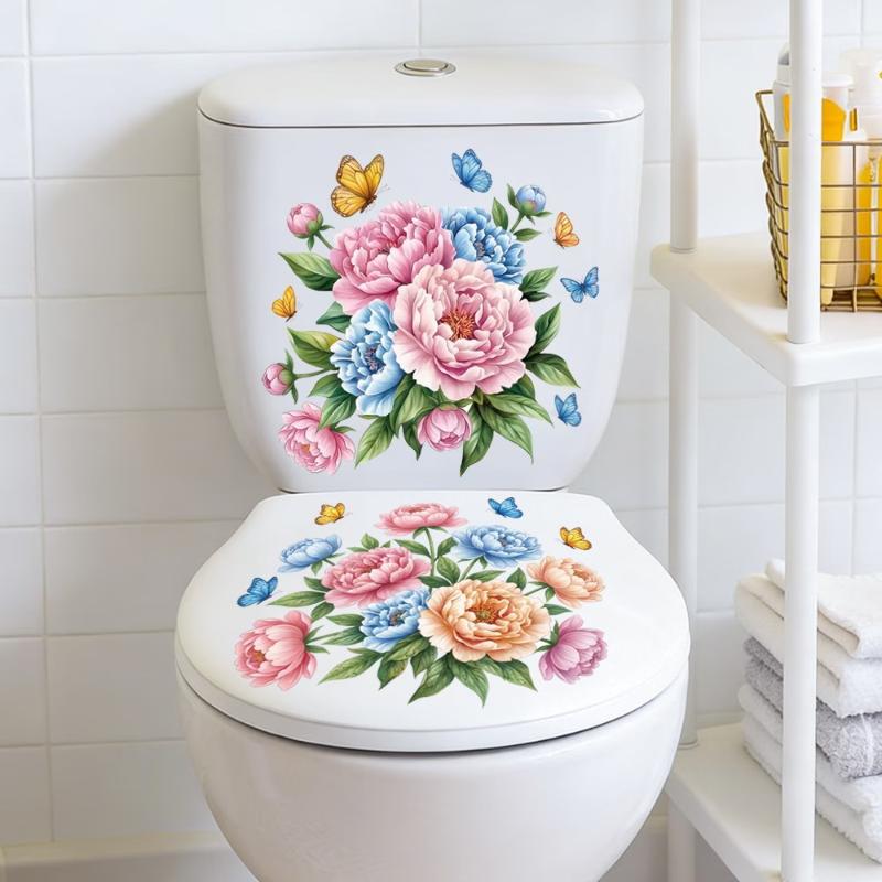 Floral Toilet Sticker Waterproof Easy to Clean Self-Adhesive Toilet Lid Wall Decal for Home Bathroom Decor