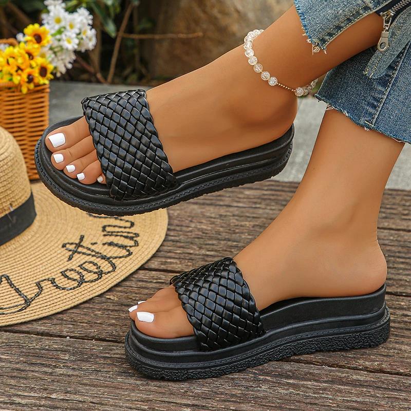 Fashion Women's Vintage Cross Woven Leather Sandals Plu Size Thick Sole Pu Leather Slippers Ladies Beach Slip On Flat Slippers Mujer